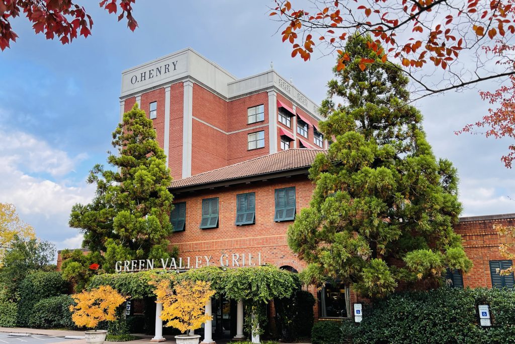 Facade of Green Valley Grill and O.Henry Hotel in the autumn in Greensboro, North Carolina.