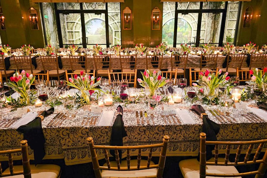 Located on the terrace level, the Hawkins Brown Room accommodates up to 72 seated guests and 100 at a standing reception. It features four double doors that open onto a wonderful English-inspired walled garden with five landscape murals.