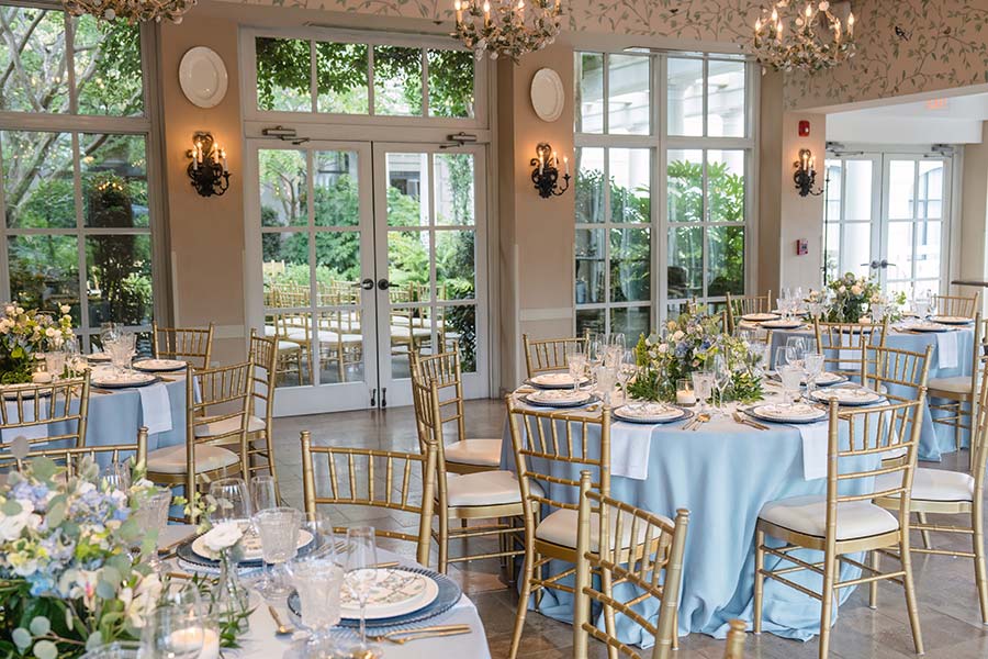 Dusty Blue Garden Party reception in the Pavilion Room | Photo by In His Image Photography